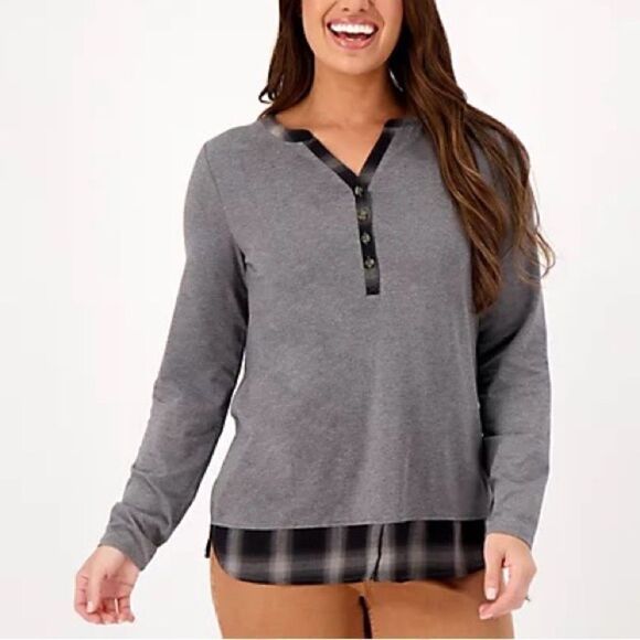 Belle by Kim Gravel TripleLuxe Knit Flannel Trim Henley Top - Picture 1 of 6